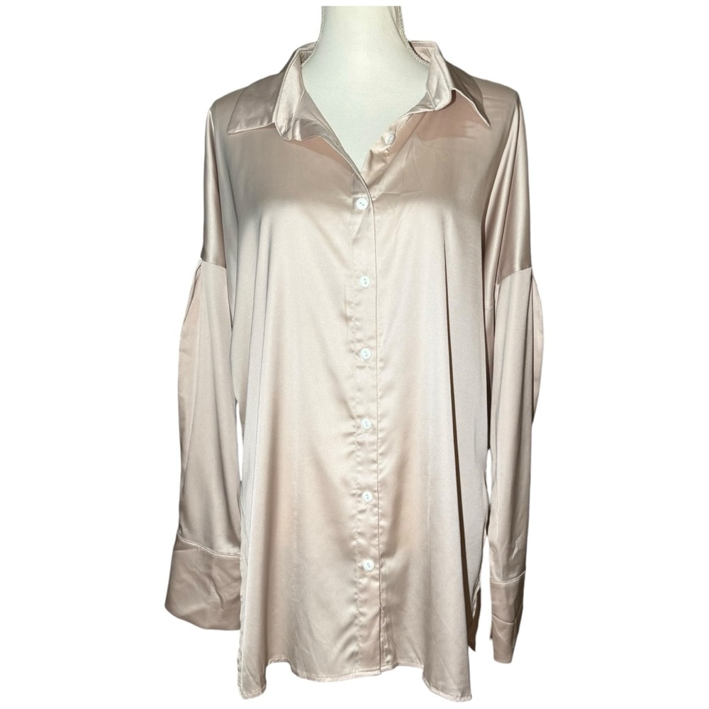 Time‎ After Time Women's Medium Solid Satin Silky Button Up Blouse Top Collared